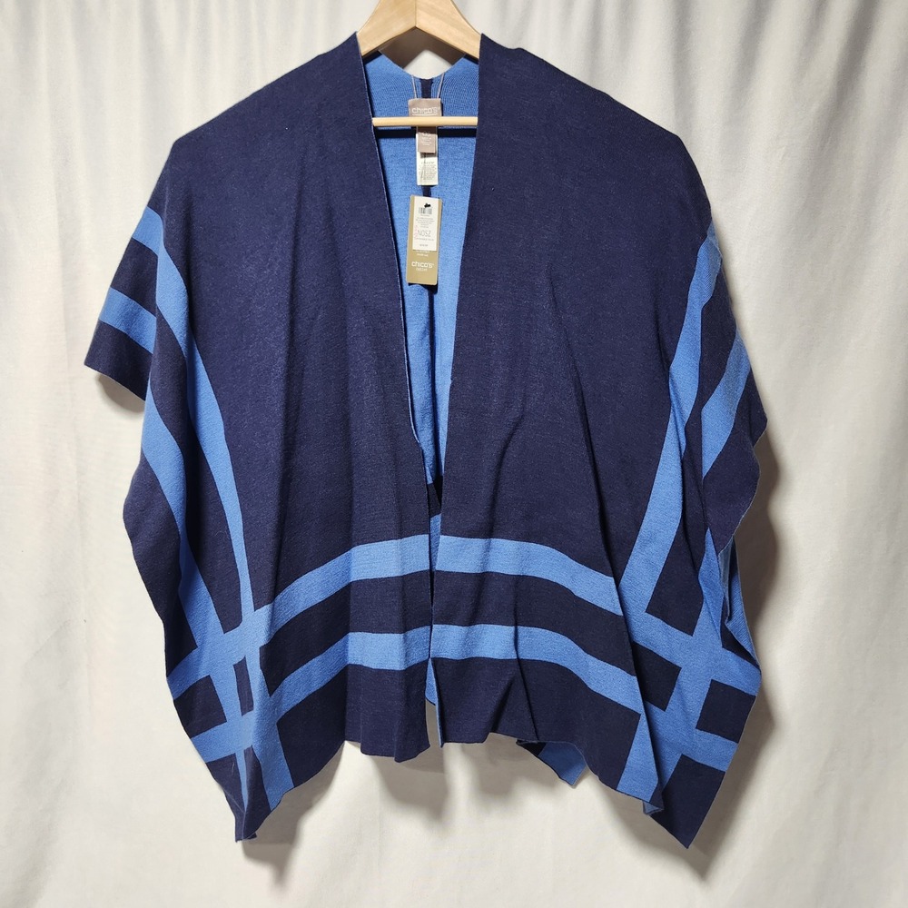 Chicos Reversible Colorblock Stripe Knit Ruana Wrap Midnight Blue OS NWT
